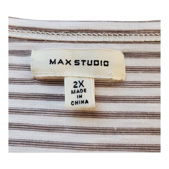 MAX STUDIO SZ 2X Womens Taupe & White Striped Knot Front Button Up Stretch Top - Picture 5 of 8